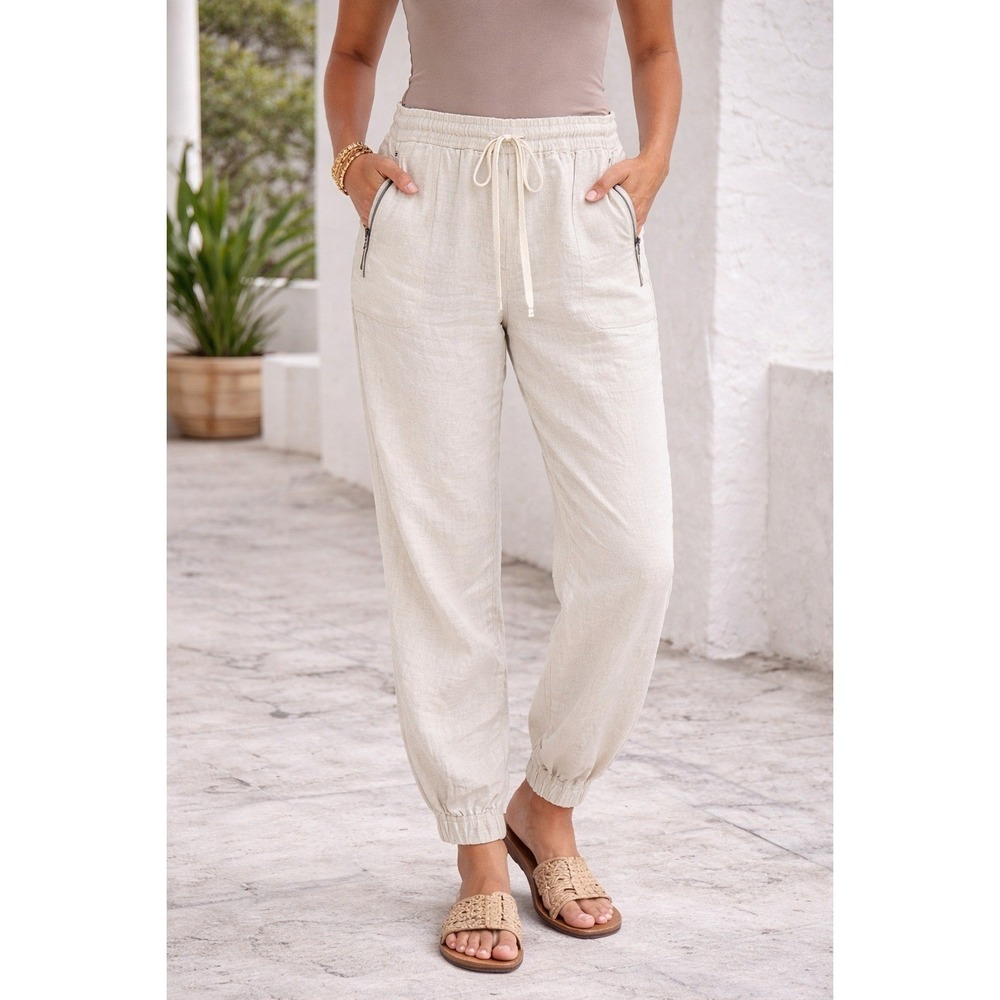 Lou & Grey 100% Linen Jogger Pants Womens L Cream Drawstring Zip Pockets